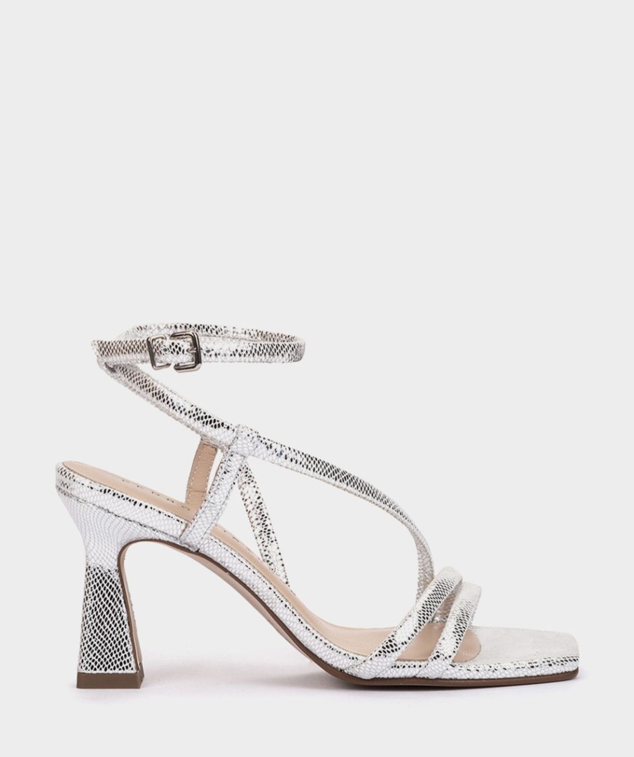 Calzado Pedro Miralles | Sandalias De Tacon De Piel Metalizada Serpiente Metal Plata