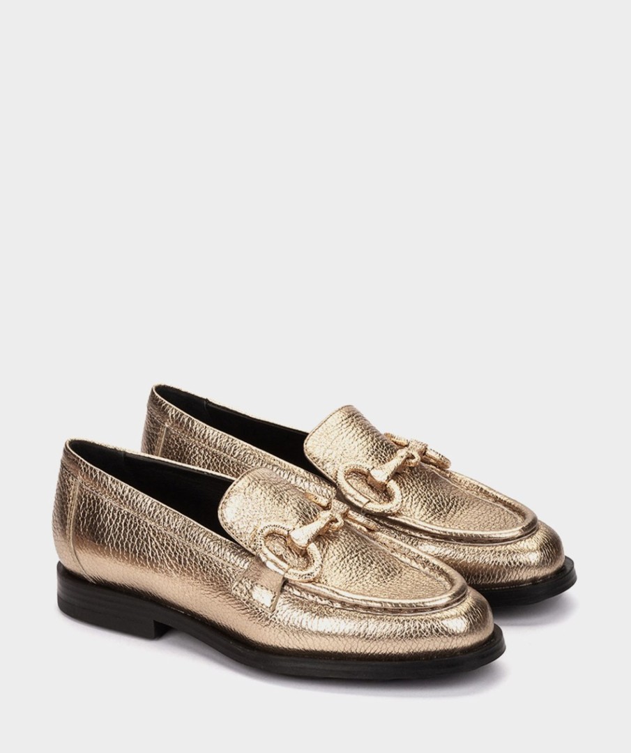 Calzado Pedro Miralles | Mocasines De Piel Metalizada En Color Dorado Nucleo Metal Platino