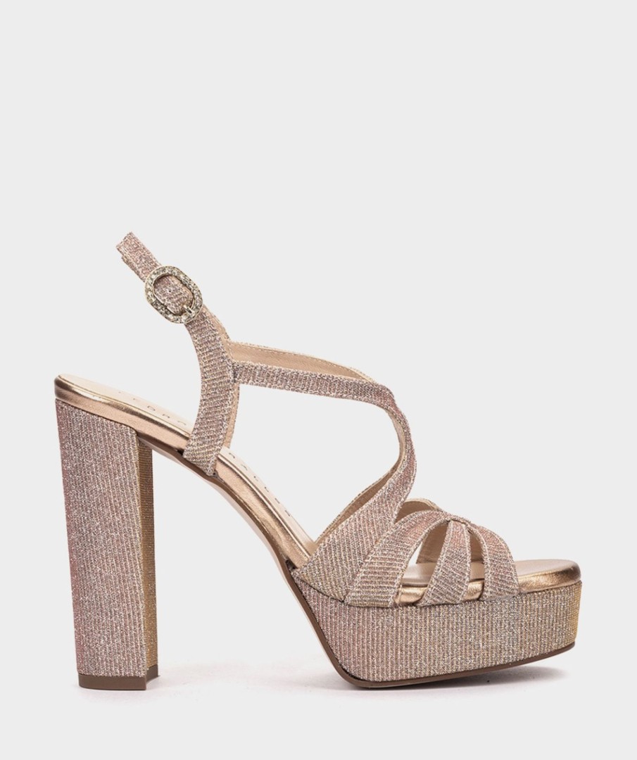 Calzado Pedro Miralles | Sandalias De Tacon Con Plataforma De Tejido Brillante En Color Nude Nadia Nude