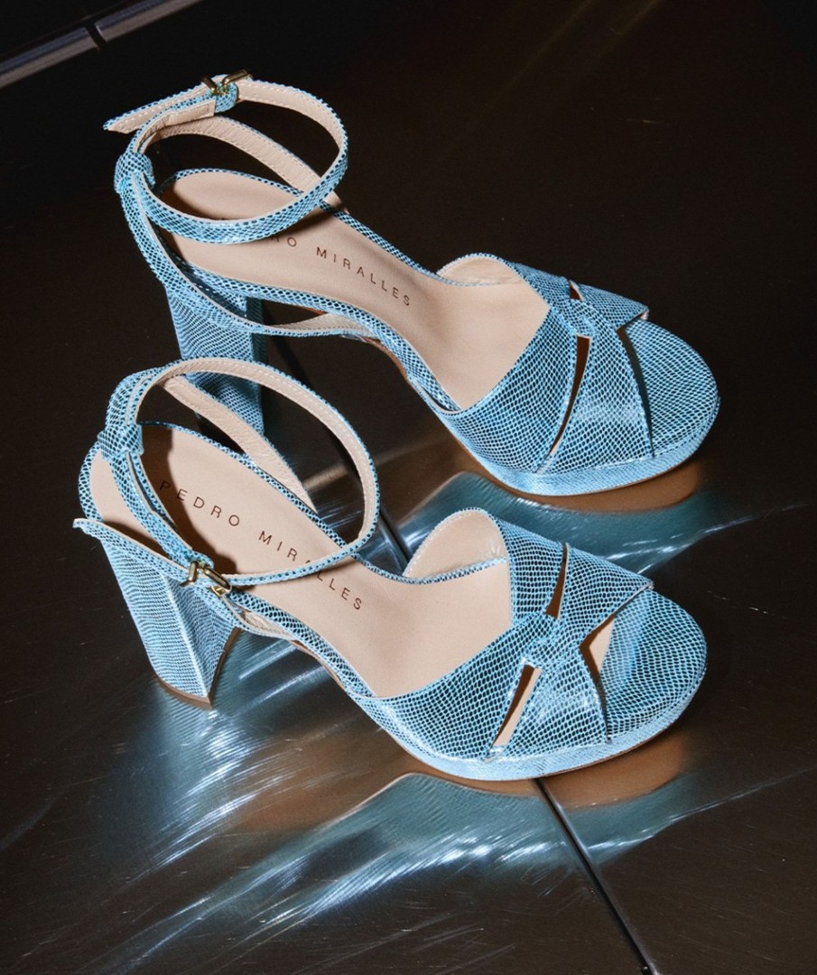 Calzado Pedro Miralles | Sandalias De Tacon Con Plataforma De Piel Serpiente Metal Blue