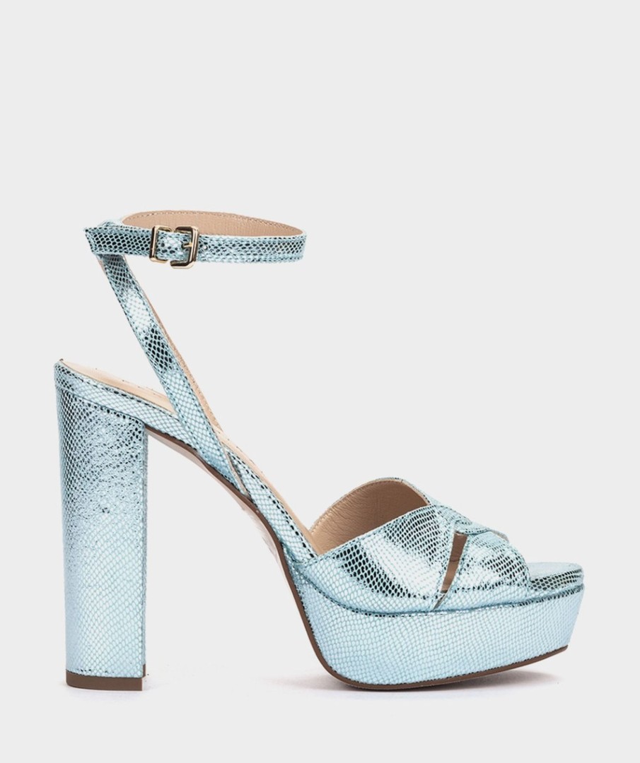 Calzado Pedro Miralles | Sandalias De Tacon Con Plataforma De Piel Serpiente Metal Blue