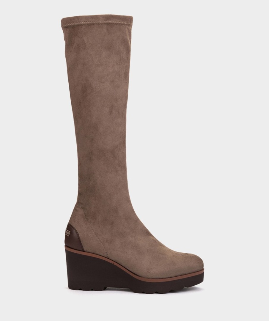 Calzado Pedro Miralles | Botas Altas De Tejido Elastico De Color Marron Ante Strech Taupe