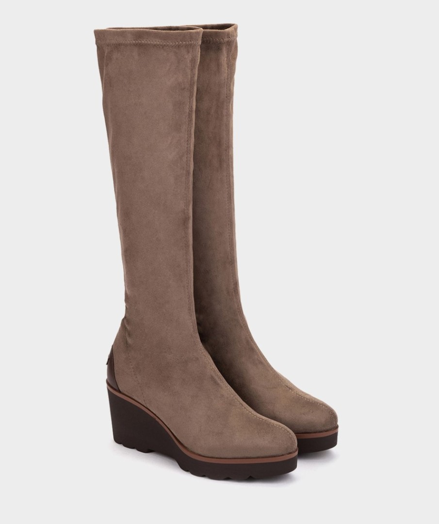 Calzado Pedro Miralles | Botas Altas De Tejido Elastico De Color Marron Ante Strech Taupe