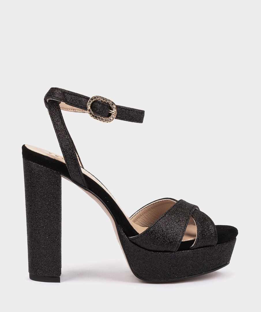 Calzado Pedro Miralles | Sandalias De Tacon De Purpurina. Bright Super Negro