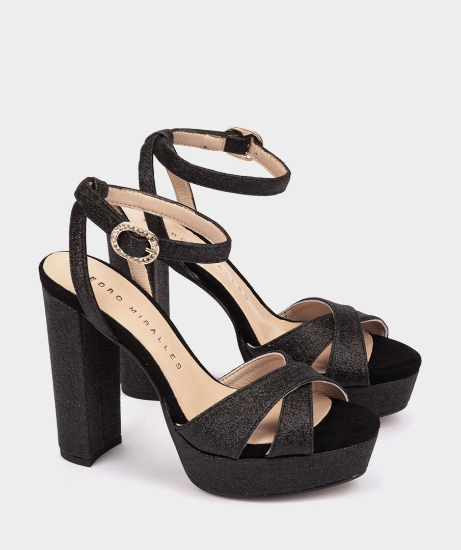 Calzado Pedro Miralles | Sandalias De Tacon De Purpurina. Bright Super Negro