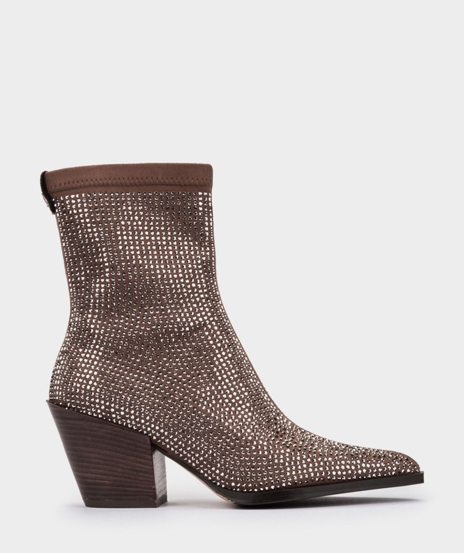 Calzado Pedro Miralles | Botines De Tejido Marron Con Brillantes Ante Strech Taupe