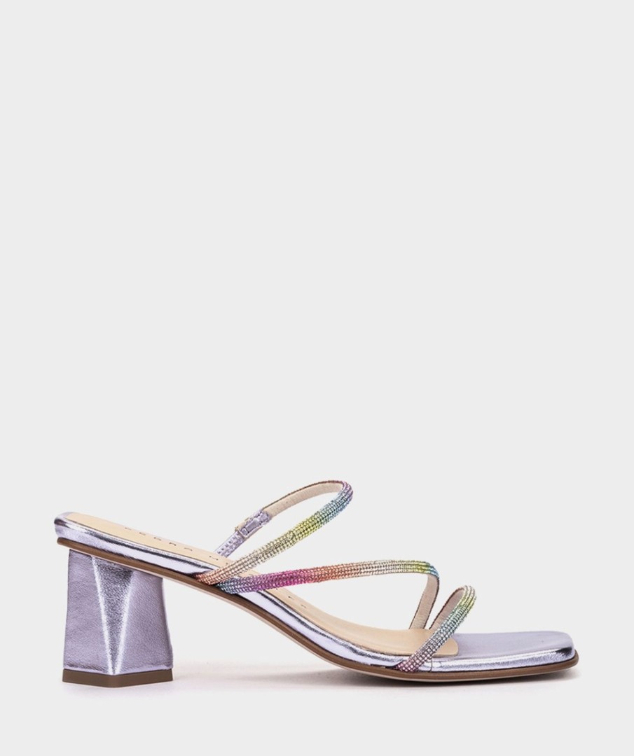 Calzado Pedro Miralles | Sandalias Destalonadas De Tacon De Piel Y Brillantes Gliter Multi Metal