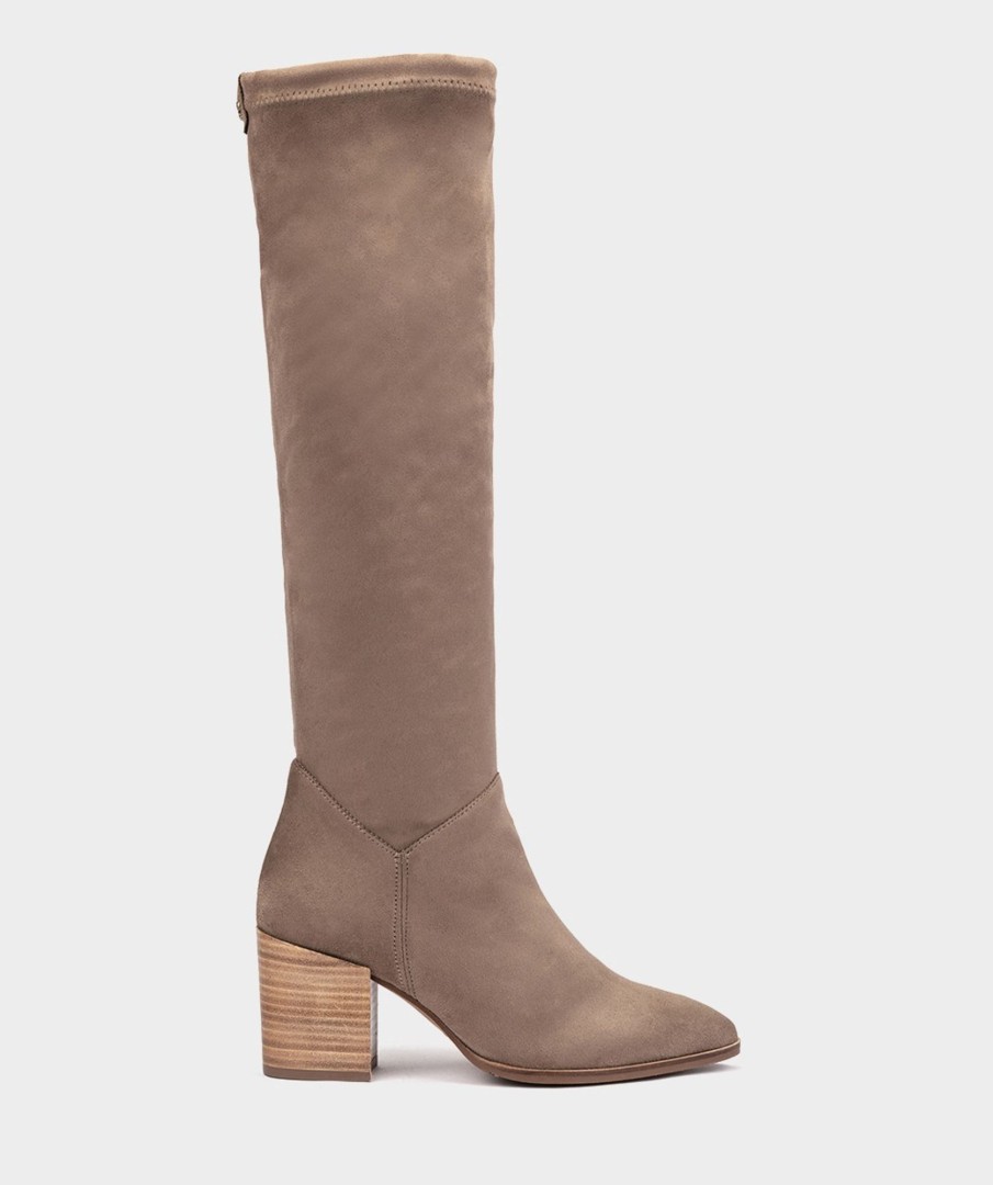 Calzado Pedro Miralles | Botas Altas Confeccionadas En Tejido Elastico. Ante Strech Taupe