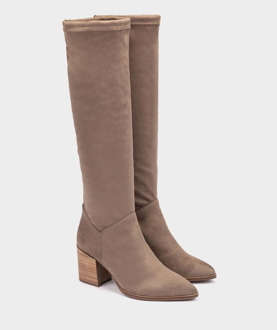 Calzado Pedro Miralles | Botas Altas Confeccionadas En Tejido Elastico. Ante Strech Taupe