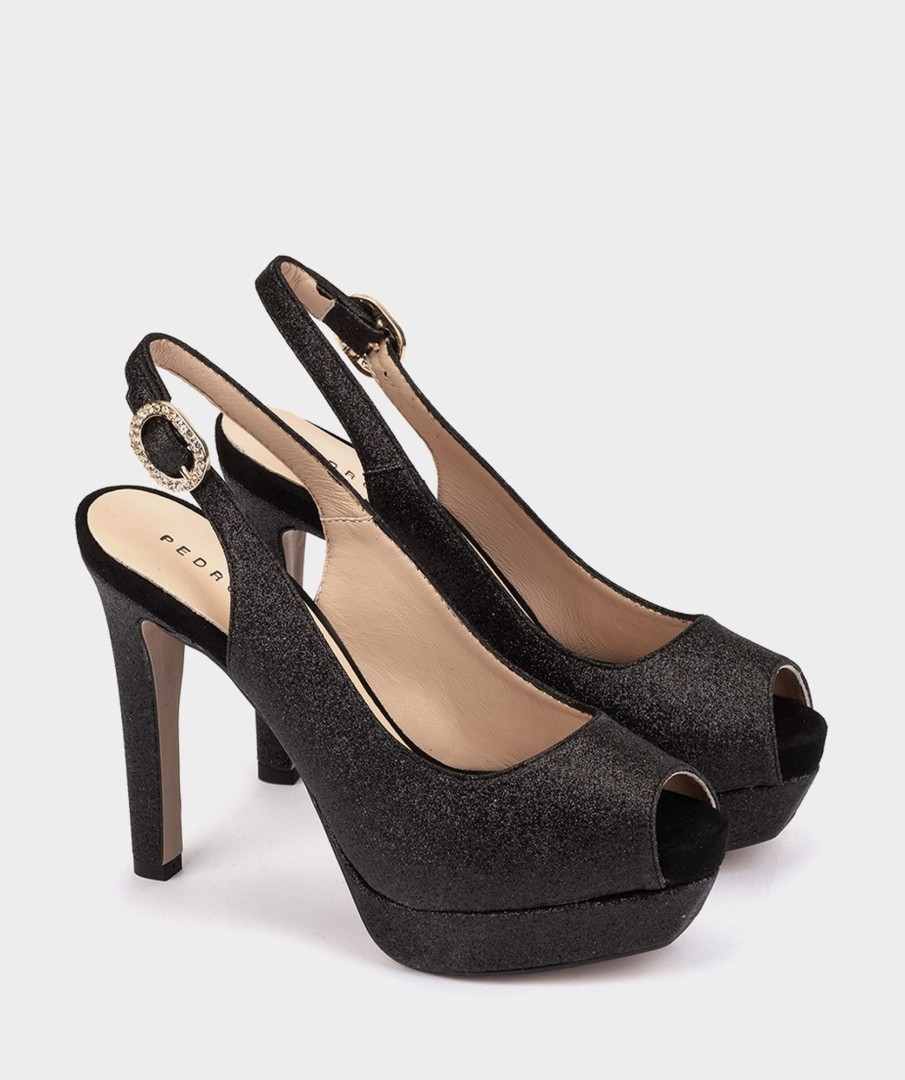 Calzado Pedro Miralles | Sandalias De Tacon De Purpurina. Bright Super Negro