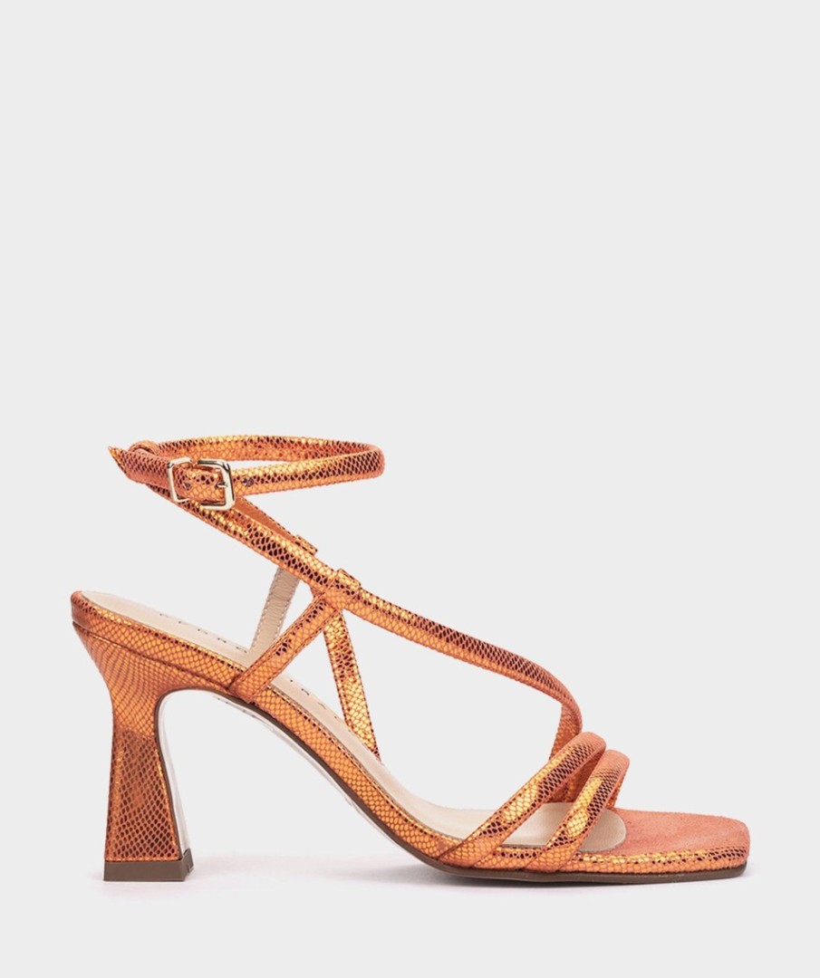 Calzado Pedro Miralles | Sandalias De Tacon De Piel Metalizada Serpiente Metal Orange