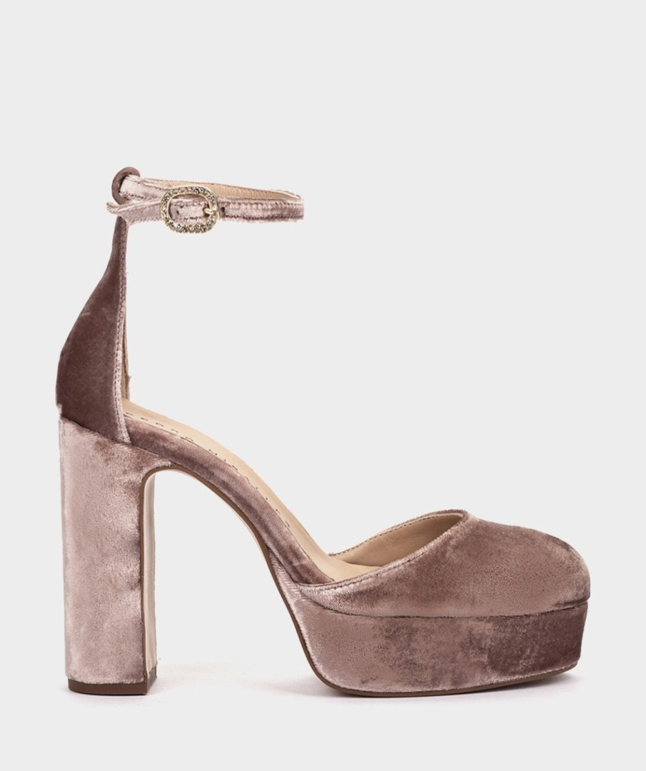 Calzado Pedro Miralles | Sandalias De Tacon Con Plataforma Fabricadas En Terciopelo De Color Nude Velvet Nude