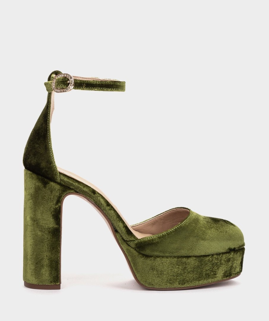 Calzado Pedro Miralles | Sandalias De Tacon Con Plataforma Fabricadas En Terciopelo De Color Verde Velvet Musgo