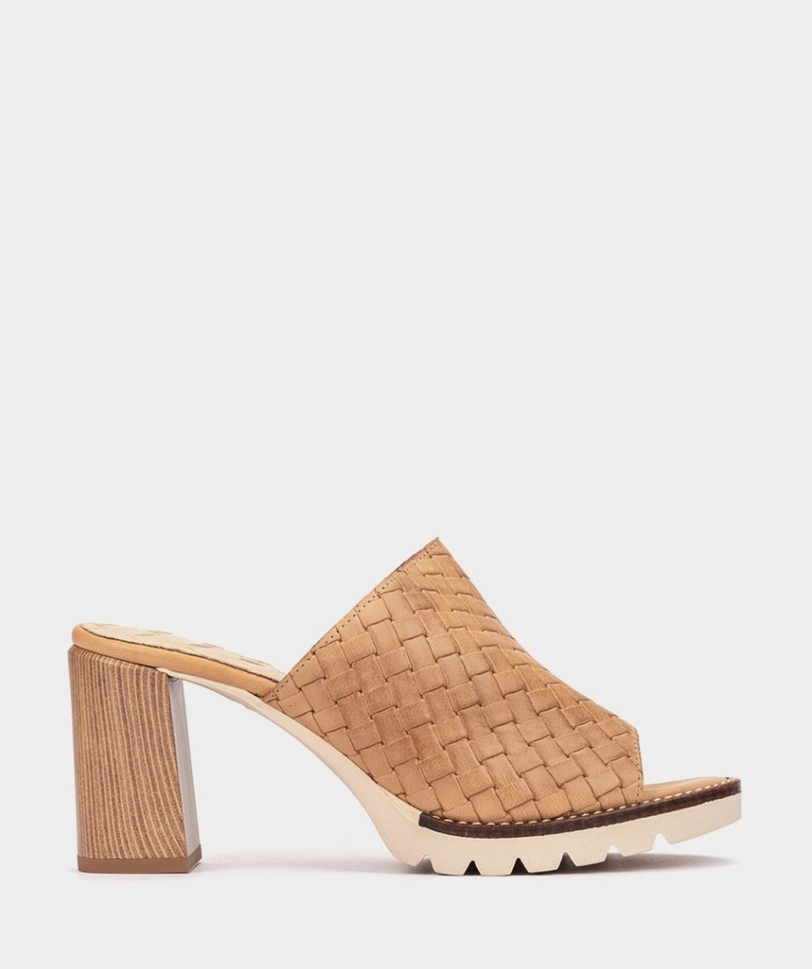 Calzado Pedro Miralles | Sandalias De Tacon De Piel Alfa Trenza Camel