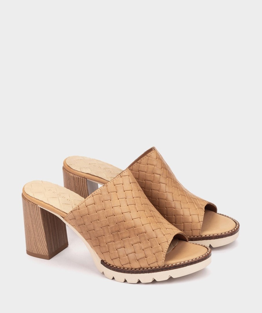 Calzado Pedro Miralles | Sandalias De Tacon De Piel Alfa Trenza Camel